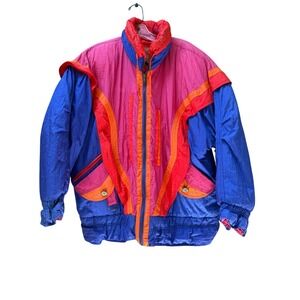 Vintage Giacca 80s Colorblock Ski Jacket Pink‎ Blue Orange Retro Puffer Coat